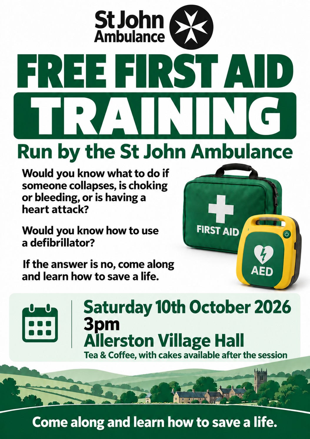 Flyer for free St John Ambulance first aid training at Allerston Village Hall, Saturday 10 October, 3pm