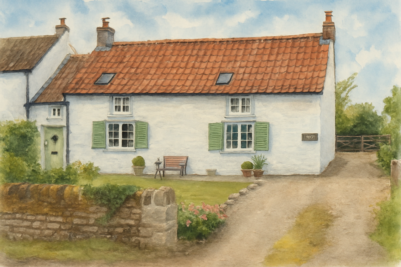 A white stone cottage with terracotta pantile roof and green shutters
